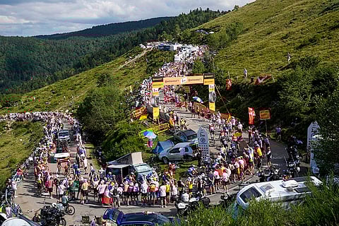 Riders climb towards Plateau de Beille during stage 15 of Tour de France 2024